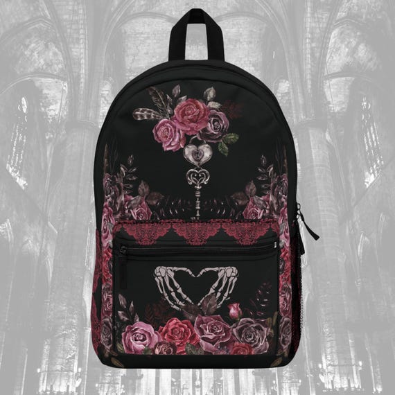 New! Women Skull And Flower Pattern Backpack, Gothic. Daypack, Blue Punk Style. 1pc fashion skull flower pattern backpack gothic style - Temu main image 2