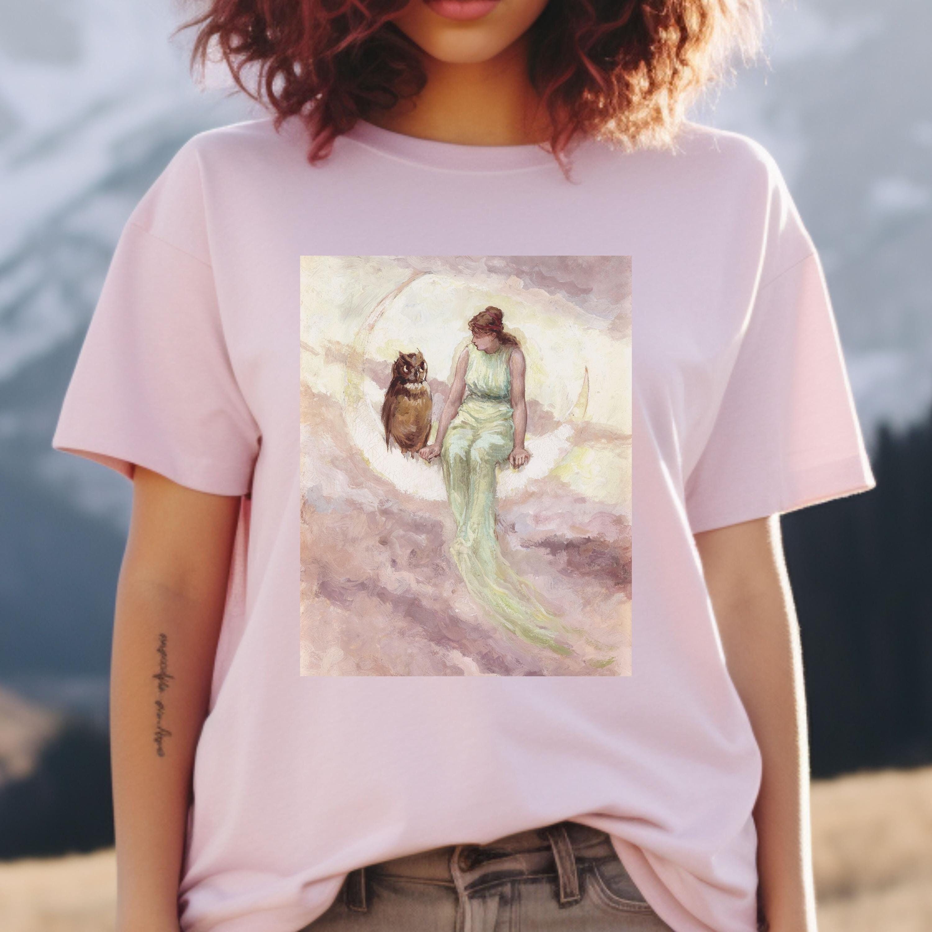 Vintage Owl Art Shirt for Fantasy Lovers, Artists, Gamers, Readers, Short Sleeve T-Shirt, Moon and O