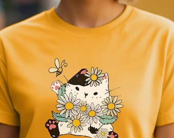 アニメ猫とデイジーのユニセックスTシャツ、猫ママへのギフト、猫パパへのシャツ、ペット愛好家グラフィックTシャツ、ガーデナーTシャツ、デイジーファンへのプレゼント、誕生日ギフト