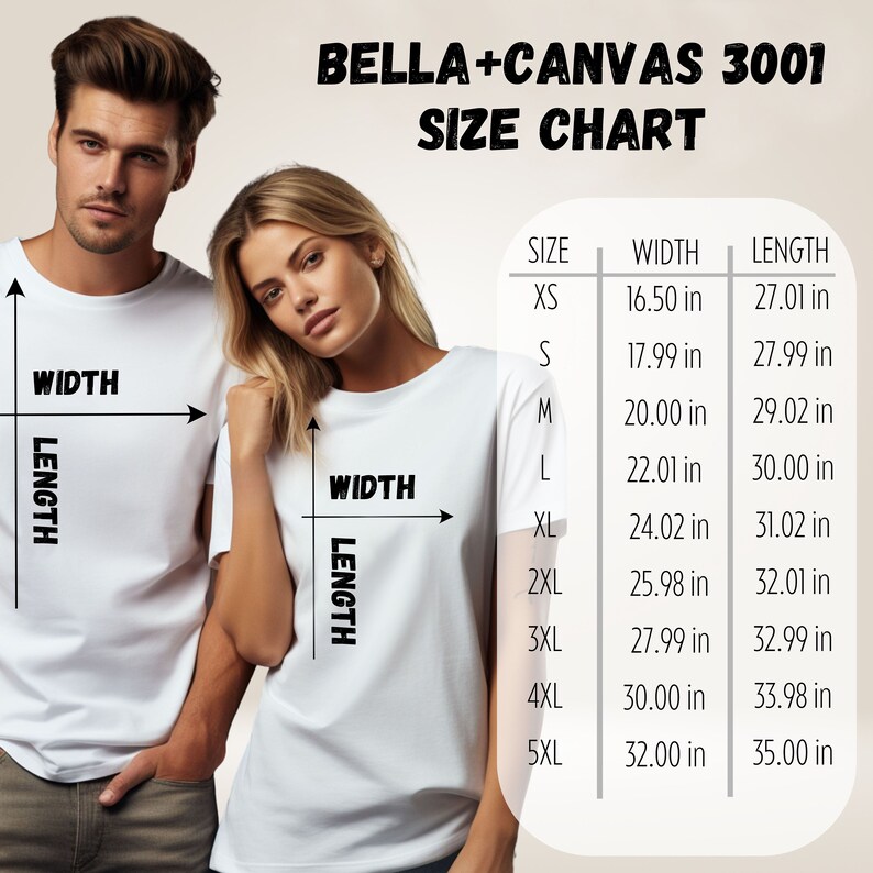 May include: Bella + Canvas 3001 size chart for t-shirts. The chart shows the width and length measurements in inches for sizes XS to 5XL.