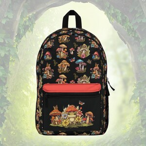 May include: Black backpack with a colorful mushroom pattern. The backpack has a red pocket and a black zipper. The design includes various mushrooms, flowers, and butterflies. The backpack has a top handle and adjustable straps.