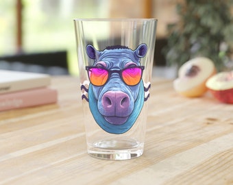 Playful Hippo Design Pint Glass, Beer Glass 16oz, Hippo Haven