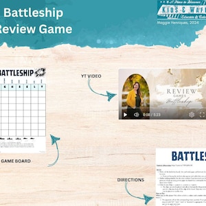 May include: A Battleship Review Game image with the title "Battleship Review Game". The image includes a game board, a YouTube video, and directions. The game board has a grid for gameplay. The video shows a woman in a yellow jacket.