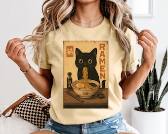 Camiseta de ramen de gato japonés: Camiseta kawaii para amantes de los fideos