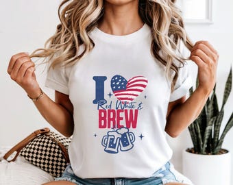 Camiseta unisex divertida de cerveza del 4 de julio: roja, blanca y azul