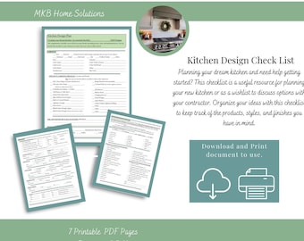 Puede incluir: Una lista de verificación imprimible para planificar una remodelación de cocina. La lista de verificación incluye secciones para encimeras, gabinetes, electrodomésticos, pisos y más. La lista de verificación está disponible para descargar e imprimir. El texto en la lista de verificación dice "Kitchen Design Check List" y "Download and Print document to use."