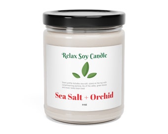 Vela de soja con aroma a sal marina y orquídea en frasco de vidrio, mecha 100% algodón de 9 oz. 50 - 60 horas de duración de combustión. Cera de mezcla de soja natural.