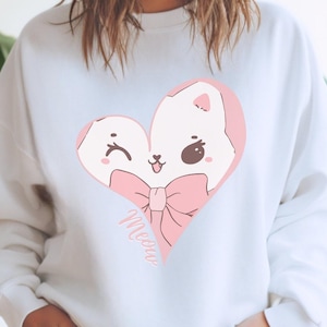 Trendy Pullover Coquette Sweatshirt, Übergroßes Katzenliebhaber Top, Meow Kitty Sweatshirt, Sweatshirt mit Rundhalsausschnitt, Coquette ästhetisches Top, Rosa Schleife