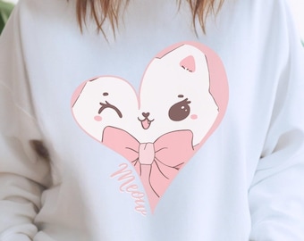 Trendy pullover Coquette Sweatshirt, Oversized cat lovers top, Meow kitty sweatshirt, Crew neck Sweatshirt, Coquette aesthetic top, Pink bow