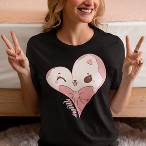 Coquette Cat lovers T-Shirt, Soft style crew neck tee, Trending preppy girls shirt, Pink kitty, Pink bow aesthetics, Cute gift for ladies