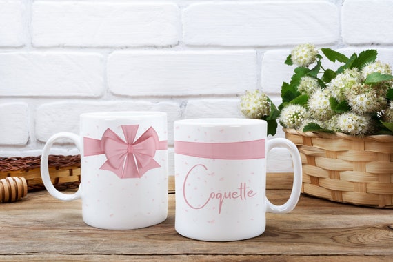Elegant Coquette coffee mug, Girly tea cup, 11oz pink bow mug, Trendy aesthetics hot drink cup, Girlhood pink bow and hearts gift, Coquette