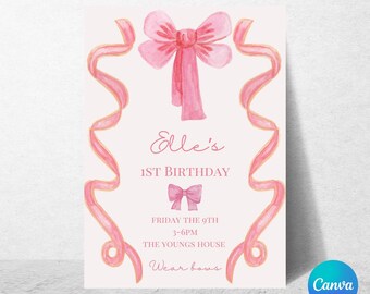 Girls Bow Birthday Digital Invitation Template