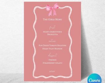 Galentines Menu Template, Bow Theme Canva Digital Download