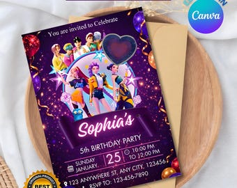 Invitaciones de cumpleaños de Kpop, editables en Canva, 5x7 pulgadas, temática de superhéroes.