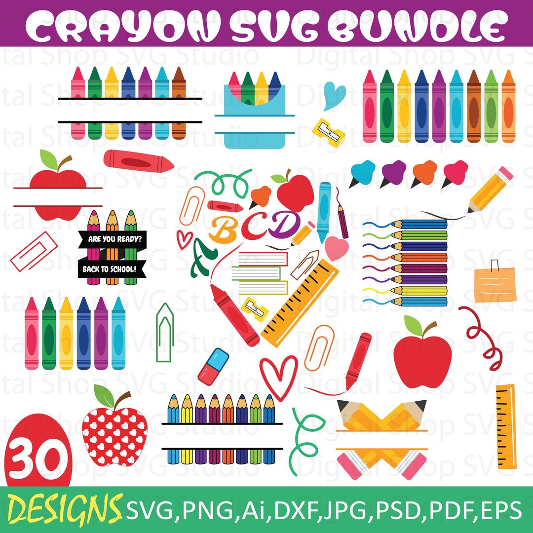 Crayon Split Monogram SVG Bundle, Teacher School Apple Designs (digital ...