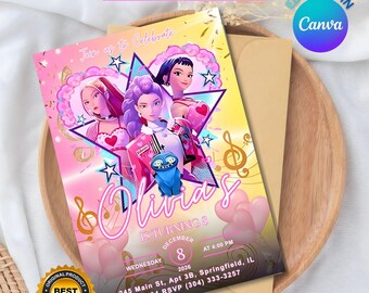 Invitación de cumpleaños de anime Kpop, temática de cazadores de demonios, colores pastel (5x7 pulgadas)