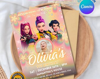 Invitación de cumpleaños estilo K-pop, temática de cazadores de demonios, colores pastel (5x7 pulgadas)