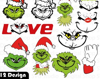 Grinch Face SVG Bundle, Christmas Clipart (Digital Files)