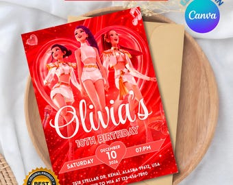 Invitación de cumpleaños editable de Cazadores de Demonios, artículos para fiestas de Kpop Anime en Canva (descarga instantánea)