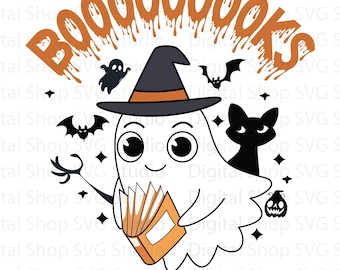 Fantasma leyendo libros SVG PNG, regalo de Halloween para maestros (descarga digital)