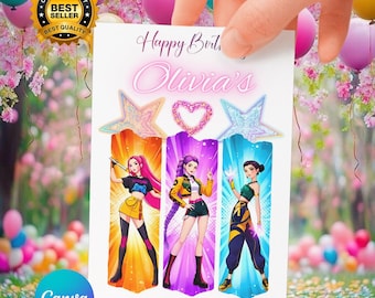 Tarjeta de cumpleaños K-Pop personalizada, estilo anime, con nombre personalizado (descarga digital)