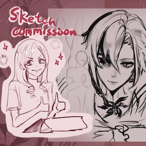 Puede incluir: Una ilustración digital de una comisión de boceto. La imagen muestra a una persona con el pelo largo y a una persona con el pelo corto, ambas con una expresión neutral. El texto "Sketch commission" está escrito en letras grandes y negritas en la parte superior de la imagen.
