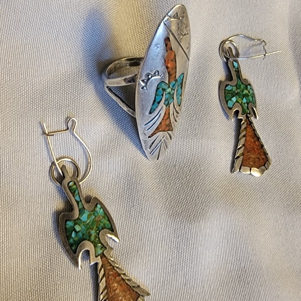 Firebird Turquoise Coral inlay, Nezzie ring and earrings with arrowhead mark Vintage