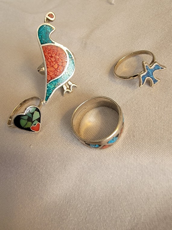 Turquoise coral inlay rings. 4 in set.   Partridge