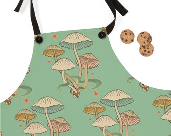 Whimsical Mushroom Poly Twill Apron Green (All Over Print)