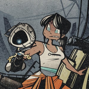 May include: Illustration of a character from the video game Portal, wearing a white tank top, orange pants, and white shoes. She holds a device and a panel. The background shows a dilapidated industrial setting with the text "The Art of Toasty Ghostey".