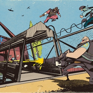 May include: A comic book style illustration of a scene from a video game. The scene features a large, muscular character holding a large gun, with a smaller character standing behind him. The scene is set in a factory or industrial area, with a large metal structure in the background.