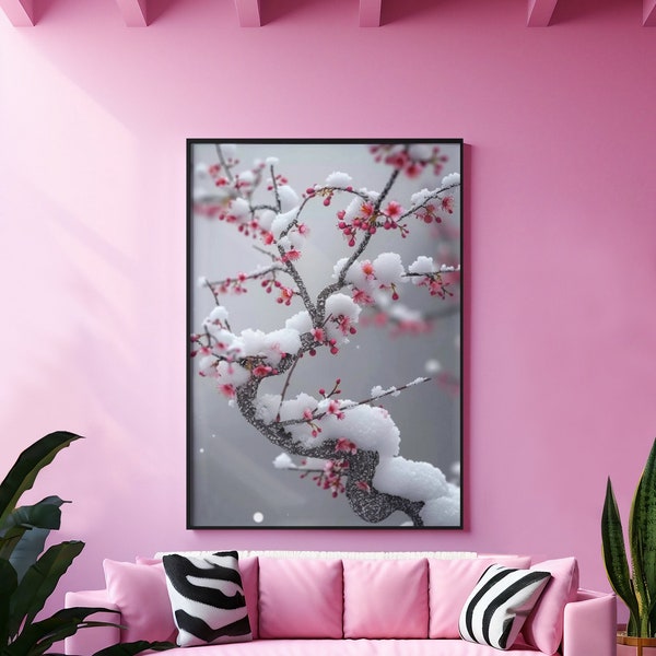 Cherry Blossom & Snow Print | Botanical Poster | Sakura Floral Wall Decor | Nature Digital Photography | Flower Printable Wall Art