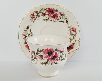 Vintage Royal Vale Teacup and Saucer Set, Pattern 8584, Pink Flowers, c.1950s, Made in England