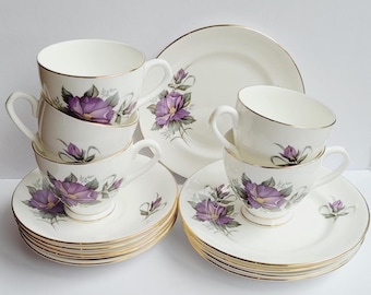 Vintage Taylor & Kent "Elizabethan" 15 Piece Tea Set, Purple Floral