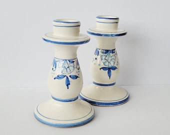 Pair of Vintage Cream and Blue Hand-painted Candlesticks, Ceramic, Made in Italy