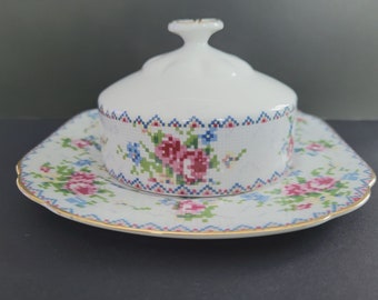 ROYAL ALBERT Portaburro ricoperto Petit Point con sottopiatto quadrato, anni '40