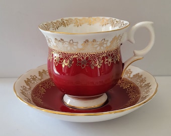 Crown Staffordshire Teacup and Saucer Set, Burgundy with Gilt Details, c. 1930s+