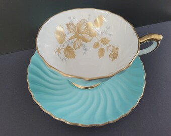 AYNSLEY Aqua Blue Swirl Teacup and Saucer with Gold Accents