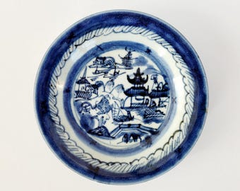 Antique Chinese Blue and White Porcelain Plate, Hand-Painted, 6" Diameter
