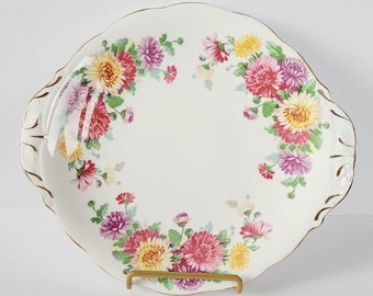 Assiette à biscuits Queen Anne « Autumn Glory » chrysanthème avec anses, assiette à gâteau avec anses, Mid-Century