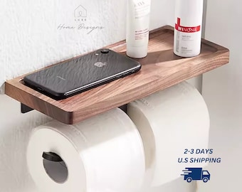 Luxury Toilet Paper Holder with Shelf, Walnut Wood Toiler Paper Holder, Bathroom Decor, House Warming Gift, Minimalist Bathroom Organizer