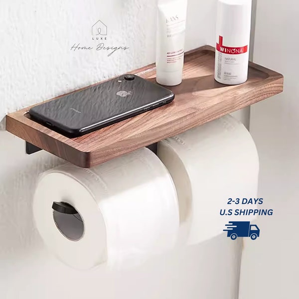 Luxury Toilet Paper Holder with Shelf, Walnut Wood Toiler Paper Holder, Bathroom Decor, House Warming Gift, Minimalist Bathroom Organizer