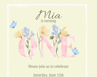 Invitation, Birthday, First Birthday, One, Yellow, Pink, Blue, Watercolor, Flowers, Butterflies, PNG, Template, Editable