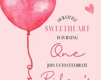 Invitation, Our little sweetheart, 1st birthday, balloon, pink, hearts, PNG, Template, Editable, Printable and Link available after purchase