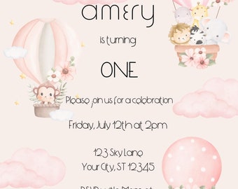 Invitation, 1st Birthday, Girl, Pink, Watercolor, Air balloons, Baby animals, Flowers, PNG, Template, Editable