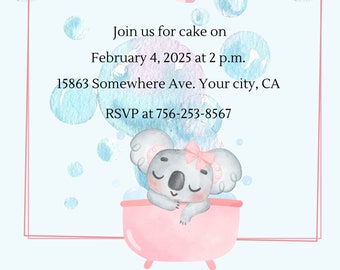 1st Birthday, Invitation, Koala, Bathtub, Bubbles, Pink, Blue, Template, PNG