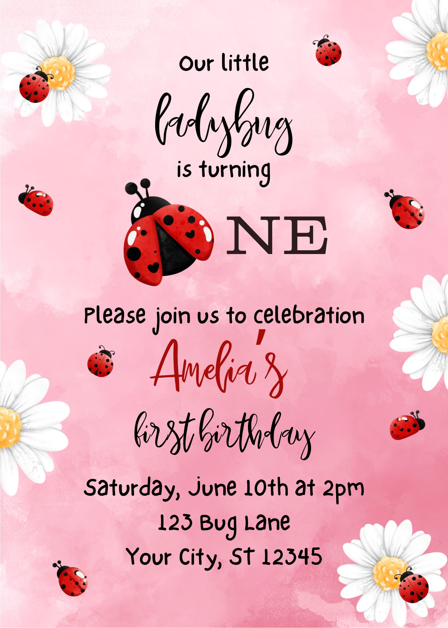 Invitation, Birthday, Lady bug, Daisy flowers, Red, Pink, White, Yellow