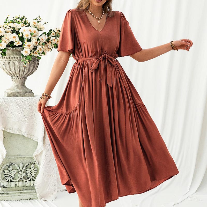 Plus Size V-Neck Tie Front Flutter Sleeve Shift Dres