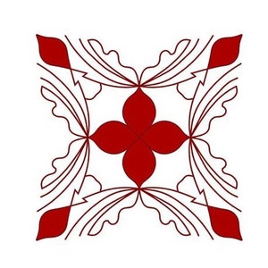 May include: A red four-petal flower design with a white background. The flower is surrounded by a decorative border of curved lines.