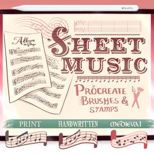 Może przedstawiać: Grafika cyfrowa na tablecie z nutami, słowami "Sheet Music" i "Procreate Brushes & Stamps." Obraz zawiera nuty, ołówek oraz słowa "Print," "Handwritten" i "Medieval."